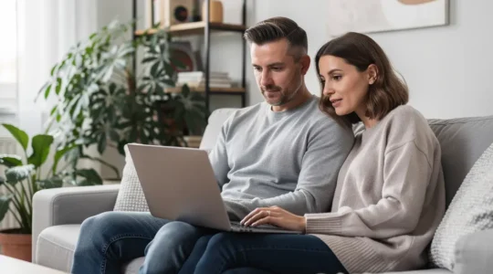 Couple français consultant un simulateur de capacité d'emprunt sur ordinateur portable