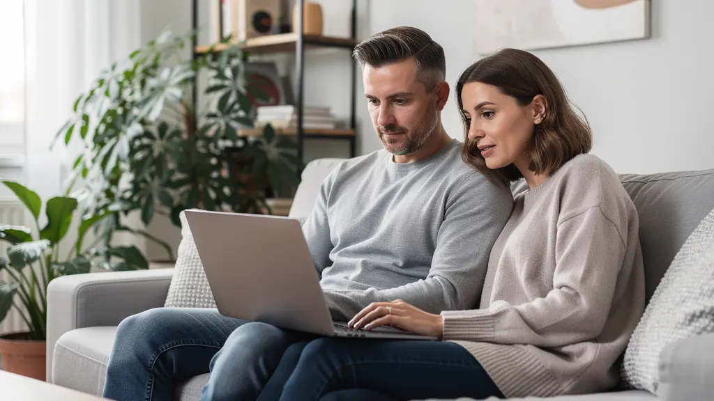 Couple français consultant un simulateur de capacité d'emprunt sur ordinateur portable