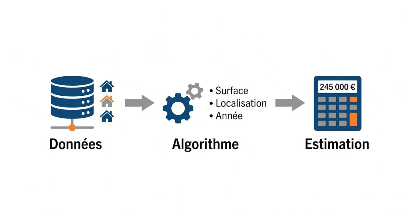 Schéma explicatif montrant le processus de traitement des données par un algorithme d'estimation immobilière : collecte des transactions, comparaison des critères, calcul du prix moyen.