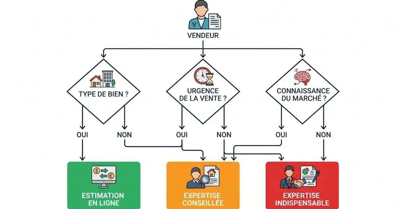 Arbre de décision schématique guidant le vendeur vers la méthode d'estimation adaptée selon trois critères : type de bien, urgence de vente et connaissance du marché local.