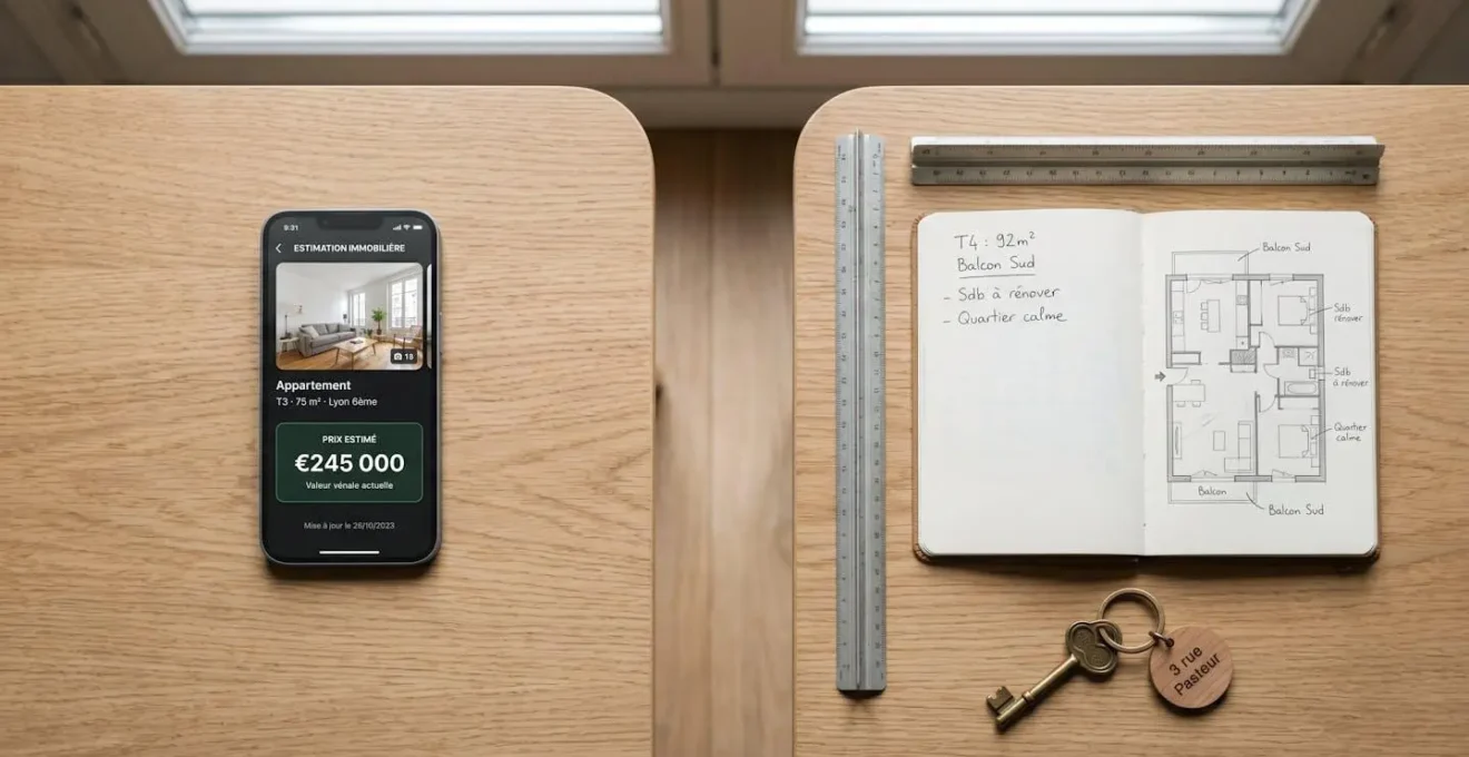 Vue de dessus d'une table en bois montrant un smartphone affichant une estimation immobilière face à des outils d'architecte traditionnels (règle, carnet, clés), symbolisant l'opposition entre estimation digitale et expertise humaine.